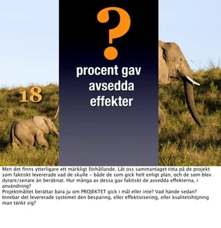 ?
                                procent gav
                                  avsedda
       18                         effekter



Men det ﬁnns ytterligare ett märkligt förhållande. Låt oss sammantaget titta på de projekt
som faktiskt levererade vad de skulle - både de som gick helt enligt plan, och de som blev
dyrare/senare än beräknat. Hur många av dessa gav faktiskt de avsedda effekterna, i
användning?
Projektmåttet berättar bara ju om PROJEKTET gick i mål eller inte? Vad hände sedan?
Innebar det levererade systemet den besparing, eller effektivisering, eller kvalitetshöjning
man tänkt sig?
 