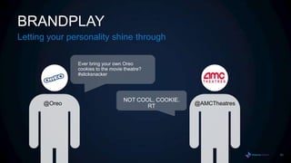 BRANDPLAY
Letting your personality shine through

               Ever bring your own Oreo
               cookies to the movie theatre?
               #slicksnacker




                                   NOT COOL, COOKIE.
      @Oreo                               RT           @AMCTheatres




                                                                      60
 