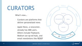 What’s now…
‣ Curators are platforms that
deliver personalized news
‣ Apple News, a newcomer,
already has 40M users.
Other...