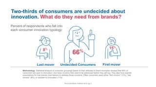 Two-thirds of consumers are undecided about
innovation. What do they need from brands?
Last mover First mover
8% 15%
Percent of respondents who fall into
each consumer innovation typology:
The Earned Brand | Edelman 2015 | pg 31
Methodology: Statistical analysis of consumer groupings based on their attitudes to brand innovation showed that 66% of
consumers are open to innovation—but have concerns that need to be addressed before they will buy. They also have specific
expectations for how brands must behave to address those concerns. Other consumers were either “first movers” (15%), “last
movers” (8%), or resistant to innovation (11%).
66%
Undecided Consumers
 