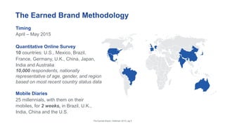 The Earned Brand Methodology
Timing
April – May 2015
Quantitative Online Survey
10 countries: U.S., Mexico, Brazil,
France, Germany, U.K., China, Japan,
India and Australia
10,000 respondents, nationally
representative of age, gender, and region
based on most recent country status data
Mobile Diaries
25 millennials, with them on their
mobiles, for 2 weeks, in Brazil, U.K.,
India, China and the U.S.
The Earned Brand | Edelman 2015 | pg 6
 