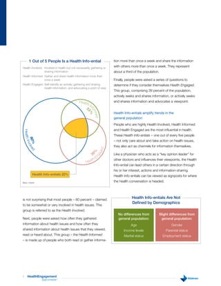 1 Out of 5 People Is a Health Info-ential                     tion more than once a week and share the information

Health Involved: Involved in health but not necessarily gathering or
                                                                       with others more than once a week. They represent
                 sharing information                                   about a third of the population.
Health Informed: Gather and share health information more than
                 once a week                                           Finally, people were asked a series of questions to
Health Engaged: Self-identify as actively gathering and sharing        determine if they consider themselves Health Engaged.
                health information, and advocating a point of view
                                                                       This group, comprising 39 percent of the population,
                                                                       actively seeks and shares information, or actively seeks
                                              Health                   and shares information and advocates a viewpoint.
                                                        In
                                                    3
                                                    fo
                                                      3%
                                                       rm




                                                                       Health Info-entials amplify trends in the
                                                          ed




                                                                       general population
                                                                       People who are highly Health Involved, Health Informed
                                                                       and Health Engaged are the most influential in health.
    Health I




                                                                       These Health Info-entials – one out of every five people
         80%olve




                                                                       – not only care about and take action on health issues,
             nv




                                                                       they also act as channels for information themselves.
                                                                ed
           d




                                                              %




                                                       39
                                                             ag




                                                                       Like a physician who acts as a “key opinion leader” for
                                                             ng




                                                           E
                                                      lt h             other doctors and influences their viewpoints, the Health
                                                   Hea
                                                                       Info-ential can lead others in a certain direction through
                                                                       his or her interest, actions and information-sharing.
             Health info-entials 22%                                   Health Info-entials can be viewed as signposts for where
Base = Adults
                                                                       the health conversation is headed.




is not surprising that most people – 80 percent – claimed
                                                                                   Health Info-entials Are Not
                                                                                   Defined by Demographics
to be somewhat or very involved in health issues. This
group is referred to as the Health Involved.
                                                                          No differences from          Slight differences from
Next, people were asked how often they gathered                           general population:           general population:
information about health issues and how often they                                 Age                          Gender
shared information about health issues that they viewed,                      Income levels                 Parental status
read or heard about. This group – the Health Informed                         Marital status              Employment status
– is made up of people who both read or gather informa-




5      HealthEngagement
               Barometer    ™
 