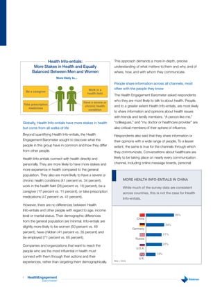 Health Info-entials:                           This approach demands a more in-depth, precise
         More Stakes in Health and Equally                     understanding of what matters to them and why, and of
        Balanced Between Men and Women                         where, how, and with whom they communicate.
                       More likely to...
                                                               People share information across all channels, most
                                              Work in a        often with the people they know
    Be a caregiver
                                             health field
                                                               The Health Engagement Barometer asked respondents
                                                               who they are most likely to talk to about health. People,
                                           Have a severe or
Take prescription
                                            chronic health     and to a greater extent Health Info-entials, are most likely
   medicines
                                              condition
                                                               to share information and opinions about health issues
                                                               with friends and family members. “A person like me,”
Globally, Health Info-entials have more stakes in health       “colleagues,” and “my doctor or healthcare provider” are
but come from all walks of life                                also critical members of their sphere of influence.
Beyond quantifying Health Info-entials, the Health             Respondents also said that they share information or
Engagement Barometer sought to discover what the               their opinions with a wide range of people. To a lesser
people in this group have in common and how they differ        extent, the same is true for the channels through which
from other people.                                             they communicate. Conversations about healthcare are
Health Info-entials connect with health directly and           likely to be taking place on nearly every communication
personally. They are more likely to have more stakes and       channel, including online message boards, personal
more experience in health compared to the general
population. They also are more likely to have a severe or
chronic health conditions (41 percent vs. 34 percent),                  MORE HEAlTH INFO-ENTIAlS IN CHINA
work in the health field (26 percent vs. 18 percent), be a              While much of the survey data are consistent
caregiver (17 percent vs. 11 percent), or take prescription             across countries, this is not the case for Health
medications (47 percent vs. 41 percent).
                                                              40 30 20 10
                                                                  Info-entials.           10 20 30 40
However, there are no differences between Health
Info-entials and other people with regard to age, income
level or marital status. Their demographic differences                                                      35%
                                                                                 China
from the general population are minimal. Info-entials are
                                                                                                      23%
slightly more likely to be women (50 percent vs. 46
                                                                               Germany
percent), have children (41 percent vs. 35 percent) and
                                                                                                     21%
be employed (71 percent vs. 65 percent).                                        Russia
                                                                                                     20%
Companies and organizations that want to reach the
                                                                                 U.S.A.
people who are the most influential in health must
                                                                                               13%
connect with them through their actions and their
                                                                                  U.K.
experiences, rather than targeting them demographically.       Base = Adults




6    HealthEngagement
             Barometer   ™
 