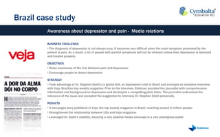 Brazil case study
         Awareness about depression and pain - Media relations

         BUSINESS CHALLENGE
         • The diagnosis of depression is not always easy. It becomes very difficult when the main symptom presented by the
         patient is pain. As a result, a lot of people with painful symptoms will not be relieved unless their depression is detected
         and treated properly.

         OBJECTIVES
         • Raise awareness of the link between pain and depression
         • Encourage people to detect depression

         STRATEGY
         • Took advantage of Dr. Stephen Stahl‟s (a global KOL on depression) visit to Brazil and arranged an exclusive interview
         with Veja, Brazilian top weekly magazine. Prior to the interview, Edelman provided the journalist with comprehensive
         information and background on depression and developed a compelling pitch letter. The journalist understood the
         relevance of the issue and accepted the suggestion to interview Dr. Stephen Stahl personally.

         RESULTS
         • A two-pages story published in Veja, the top weekly magazine in Brazil, reaching around 5 million people.
         • Strengthened the relationship between Lilly and Veja magazine.
         • Leveraged Dr. Stahl‟s visibility, securing a very positive media coverage in a very prestigious outlet.
 