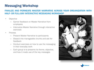 Messaging Workshop
FINALIZE AND PERMEATE MASTER NARRATIVE ACROSS YOUR ORGANIZATION WITH
HALF- OR FULL-DAY INTERACTIVE MESSAGING WORKSHOP
• Objective
– Garner feedback on Master Narrative from
employees
– Internalize Master Narrative through interactive
exercises
• Process
– Present Master Narrative to participants
– Dissect into manageable chunks and ask for
feedback
– Conduct exercises on how to use the messaging
in their everyday work
– Each group is to presents its theme, objective,
and how it made use of the key messages
 