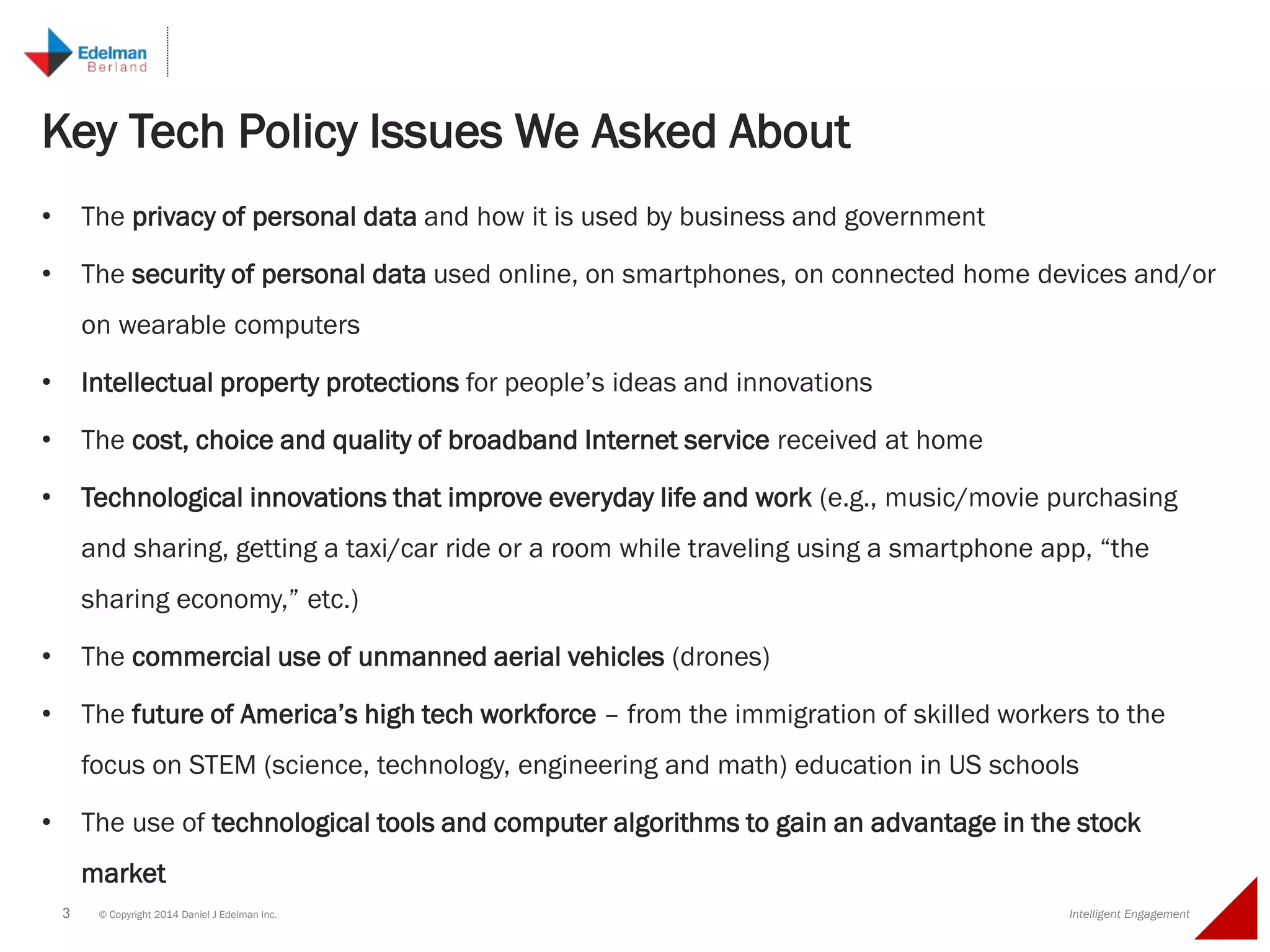 3 © Copyright 2014 Daniel J Edelman Inc. Intelligent Engagement
• The privacy of personal data and how it is used by business and government
• The security of personal data used online, on smartphones, on connected home devices and/or
on wearable computers
• Intellectual property protections for people’s ideas and innovations
• The cost, choice and quality of broadband Internet service received at home
• Technological innovations that improve everyday life and work (e.g., music/movie purchasing
and sharing, getting a taxi/car ride or a room while traveling using a smartphone app, “the
sharing economy,” etc.)
• The commercial use of unmanned aerial vehicles (drones)
• The future of America’s high tech workforce – from the immigration of skilled workers to the
focus on STEM (science, technology, engineering and math) education in US schools
• The use of technological tools and computer algorithms to gain an advantage in the stock
market
Key Tech Policy Issues We Asked About
 