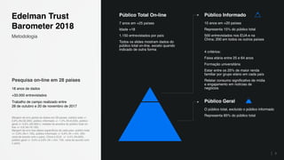3
Metodologia
Edelman Trust
Barometer 2018
Pesquisa on-line em 28 países
18 anos de dados
+33.000 entrevistados
Trabalho de campo realizado entre
28 de outubro e 20 de novembro de 2017
Público Total On-line
7 anos em +25 países
Idade +18
1.150 entrevistados por país
Todos os slides mostram dados do
público total on-line, exceto quando
indicado de outra forma
Público Geral
O público total, excluído o público informado
Representa 85% do público total
Público Informado
10 anos em +20 países
Representa 15% do público total
500 entrevistados nos EUA e na
China; 200 em todos os outros países
4 critérios:
Faixa etária entre 25 e 64 anos
Formação universitária
Estar entre os 25% de maior renda
familiar por grupo etário em cada país
Relatar consumo significativo de mídia
e engajamento em notícias de
negócios
Margem de erro global de dados em 28 países: público total +/-
0,6% (N=32.200), público informado +/- 1,2% (N=6.200), público
geral +/- 0,6% (26.000+), metade da amostra do público total on-
line +/- 0,8 (N=16.100).
Margem de erro dos dados específicos de cada país: público total
+/- 2,9% (N=1.150), público informado +/- 6,9% (N = mín. 200,
varia de acordo com o país), China e EUA +/- 4,4% (N=500),
público geral +/- 3,0% a 3,6% (N = mín. 740, varia de acordo com
o país).
 