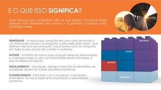 E O QUE ISSO SIGNIFICA?
IDENTIDADE - A marca que conquista tem uma visão de mundo e
um sistema de crenças; um propósito e uma razão para existir – que
definam não só a comunicação, mas a forma como se comporta
em todos os seus pontos de contato e contextos.
ATITUDE - A história da marca que conquista deve ser demonstrada
e vivenciada todos os dias. Um brand book bonito não basta, é
preciso deixar um legado.
ENGAJAMENTO – Cocriação, diálogo e atenção às demandas da
sociedade devem ser a base dos relacionamentos.
CONHECIMENTO - Para lidar com a mudança, é necessário
entendê-la. Por isso é importante informação e aprendizado
constante.
Que marcas que conquistam são as que geram conversas entre
pessoas com interesses em comum – e ganham a licença para
participar delas
 