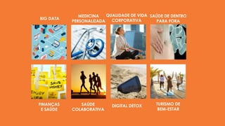 BIG DATA
MEDICINA
PERSONALIZADA
TURISMO DE
BEM-ESTAR
DIGITAL DETOXSAÚDE
COLABORATIVA
FINANÇAS
E SAÚDE
QUALIDADE DE VIDA
CORPORATIVA
SAÚDE DE DENTRO
PARA FORA
 