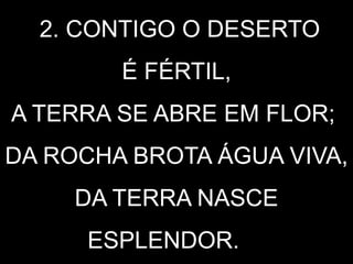2. CONTIGO O DESERTO
É FÉRTIL,
A TERRA SE ABRE EM FLOR;
DA ROCHA BROTA ÁGUA VIVA,
DA TERRA NASCE
ESPLENDOR.
 