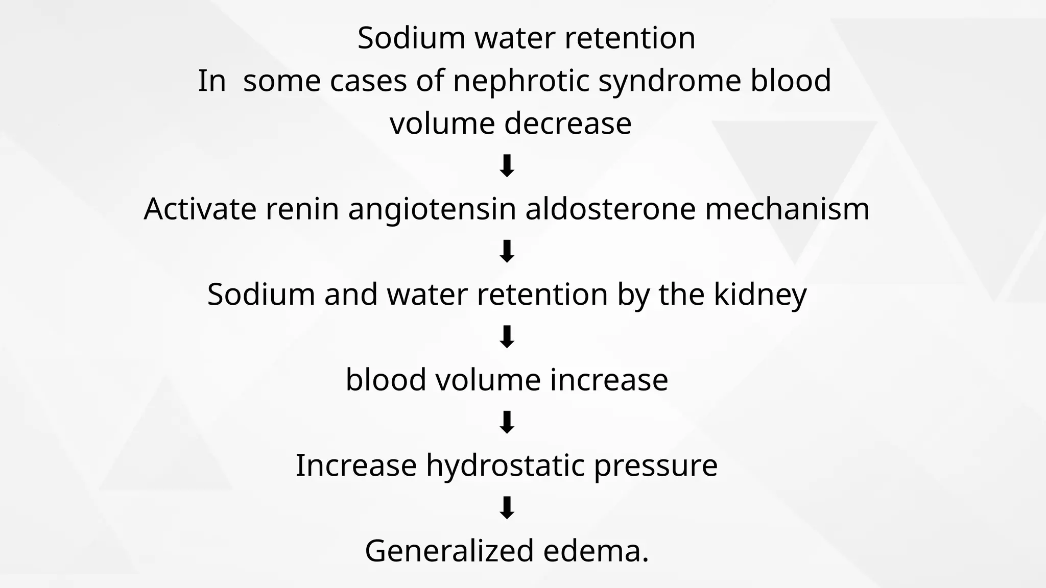 Sodium water retention
In some cases of nephrotic syndrome blood
volume decrease
⬇️
Activate renin angiotensin aldosterone mechanism
⬇️
Sodium and water retention by the kidney
⬇️
blood volume increase
⬇️
Increase hydrostatic pressure
⬇️
Generalized edema.
 