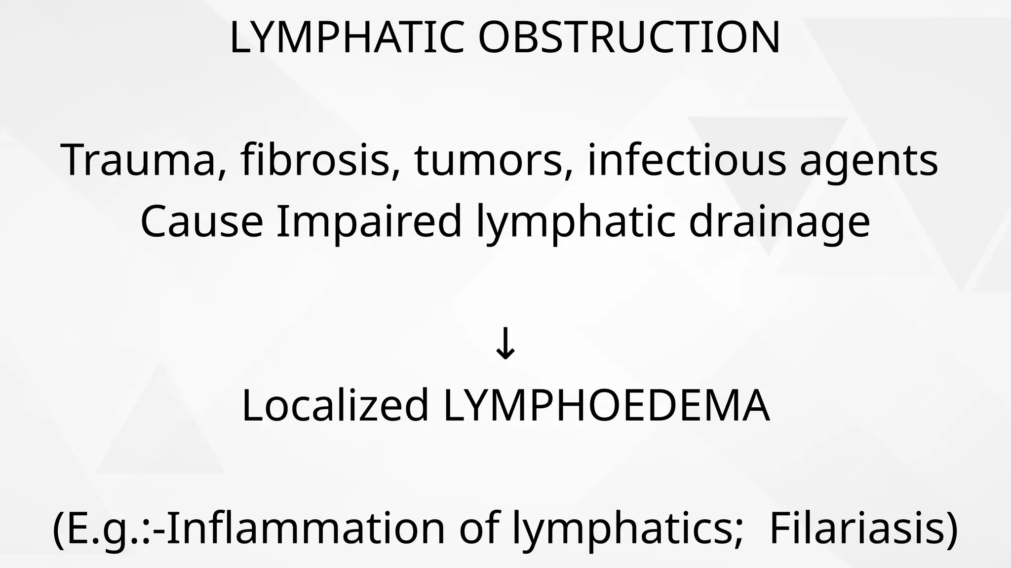 LYMPHATIC OBSTRUCTION
Trauma, fibrosis, tumors, infectious agents
Cause Impaired lymphatic drainage
↓
Localized LYMPHOEDEMA
(E.g.:-Inflammation of lymphatics; Filariasis)
 