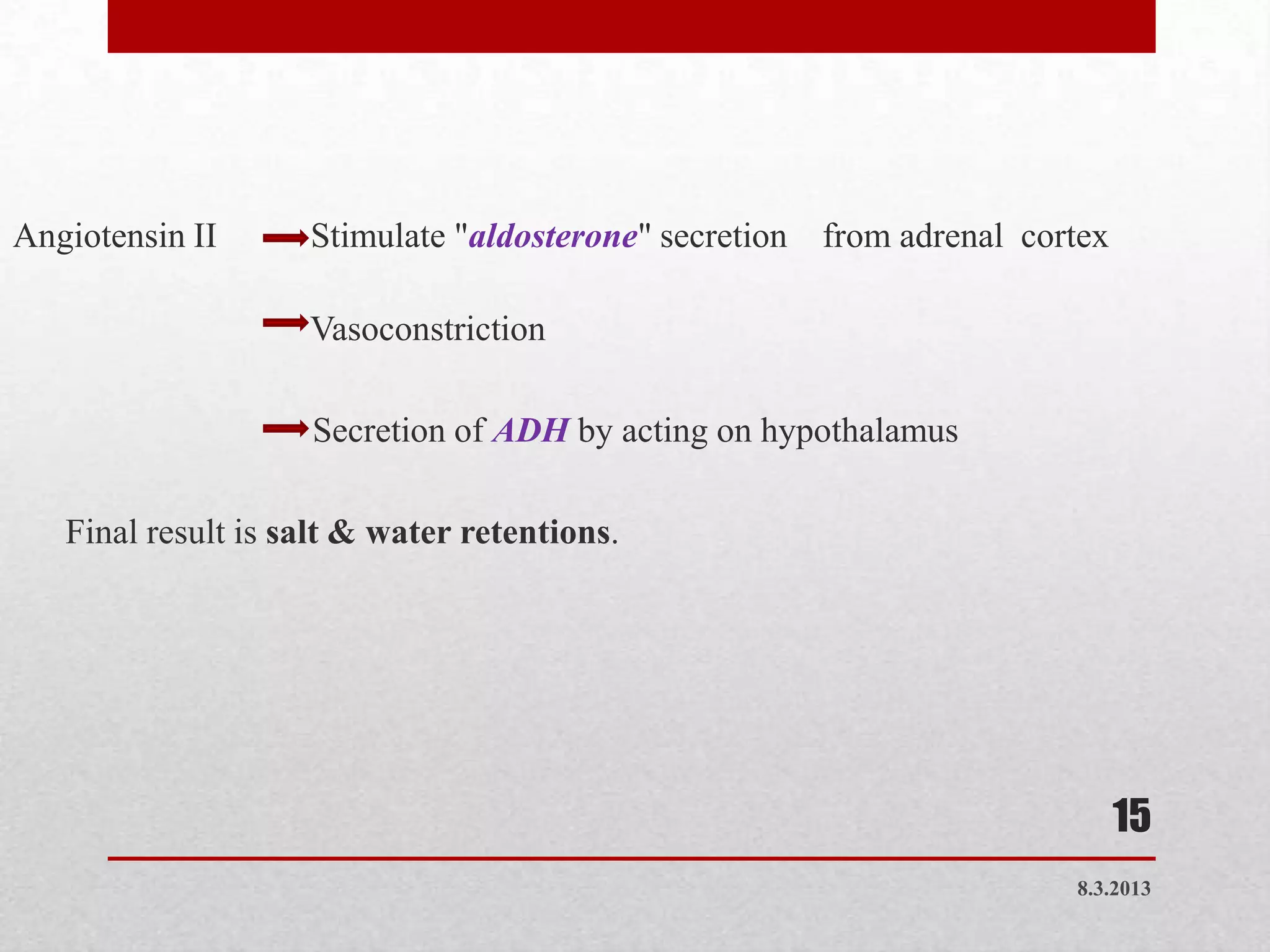 Angiotensin II      Stimulate "aldosterone" secretion from adrenal cortex

                    Vasoconstriction

                    Secretion of ADH by acting on hypothalamus

   Final result is salt & water retentions.




                                                                            15
                                                                      8.3.2013
 