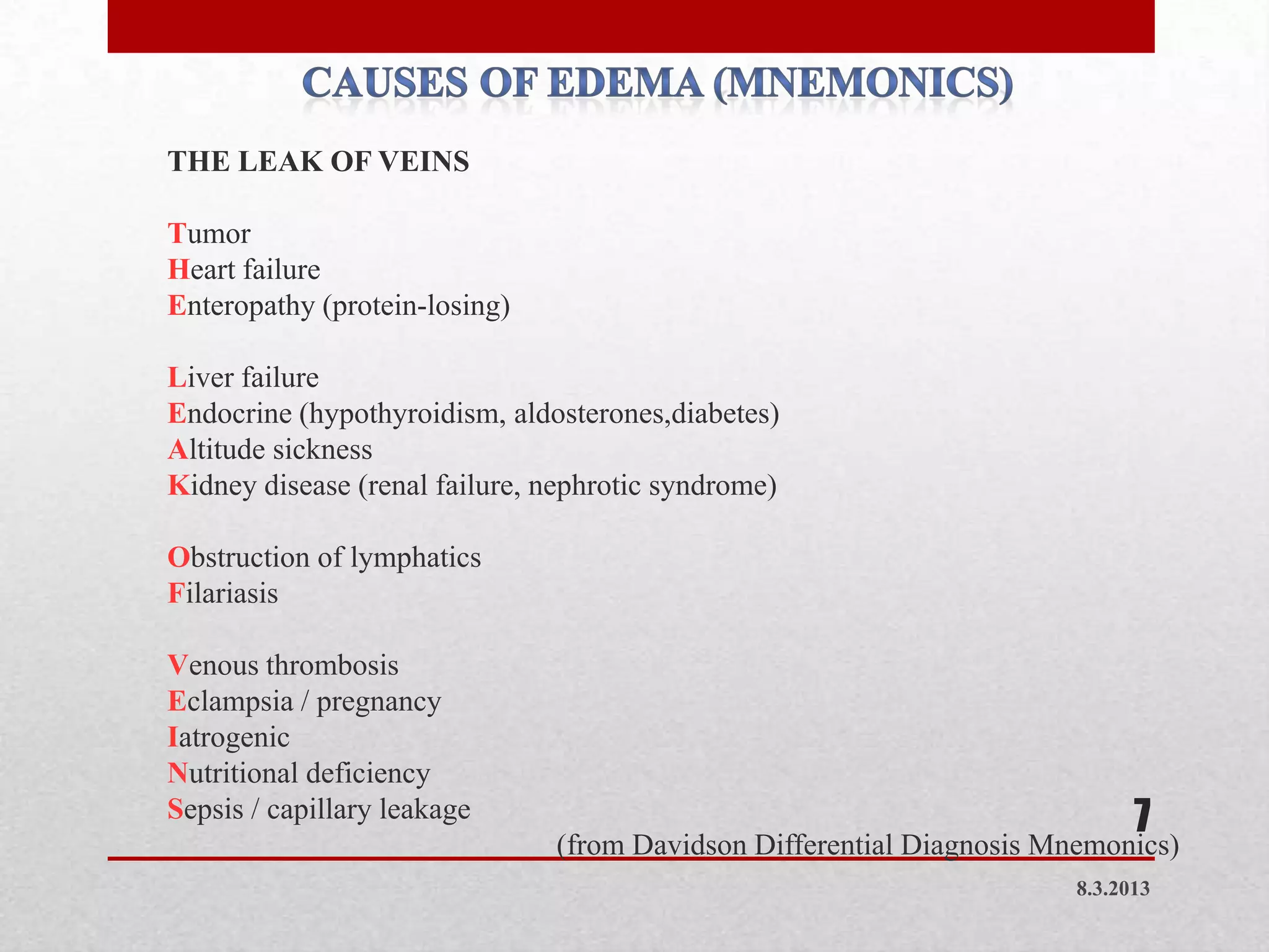 THE LEAK OF VEINS

    Tumor
    Heart failure
    Enteropathy (protein-losing)

    Liver failure
    Endocrine (hypothyroidism, aldosterones,diabetes)
    Altitude sickness
    Kidney disease (renal failure, nephrotic syndrome)

    Obstruction of lymphatics
    Filariasis

    Venous thrombosis
    Eclampsia / pregnancy
    Iatrogenic
    Nutritional deficiency
    Sepsis / capillary leakage                                                   7
.

                                   (from Davidson Differential Diagnosis Mnemonics)
                                                                           8.3.2013
 