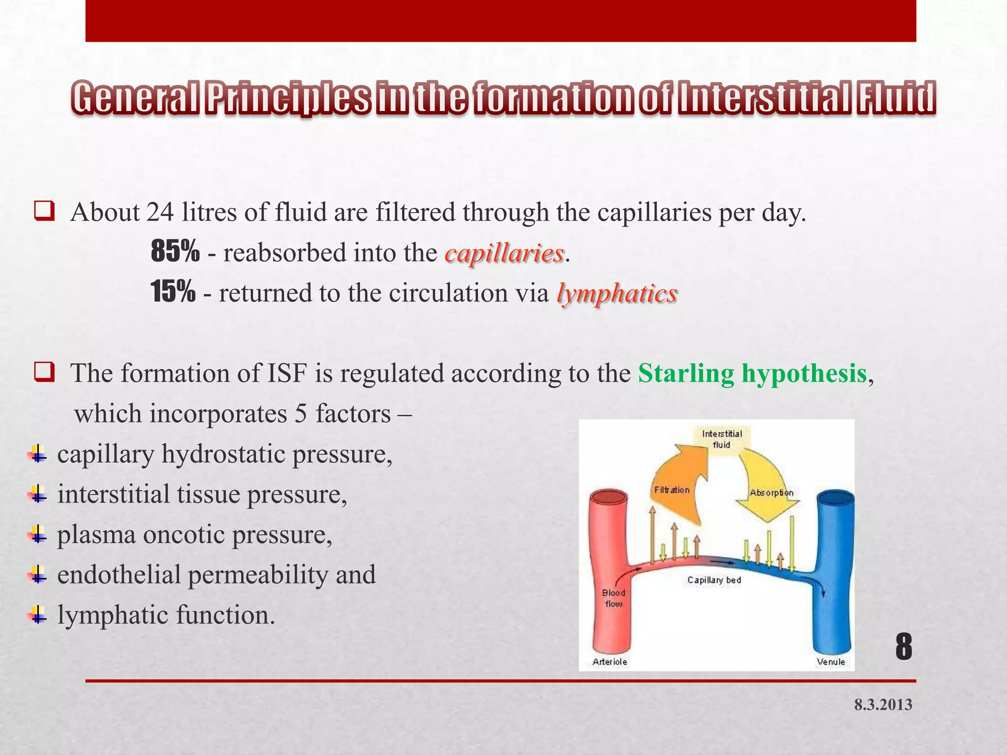  About 24 litres of fluid are filtered through the capillaries per day.
        85% - reabsorbed into the capillaries.
        15% - returned to the circulation via lymphatics

 The formation of ISF is regulated according to the Starling hypothesis,
   which incorporates 5 factors –
 capillary hydrostatic pressure,
 interstitial tissue pressure,
 plasma oncotic pressure,
 endothelial permeability and
 lymphatic function.
                                                                                8
                                                                           8.3.2013
 