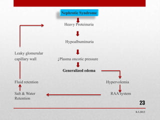 Nephrotic Syndrome

                       Heavy Proteinuria



                       Hypoalbuminuria

Leaky glomerular
capillary wall     ↓Plasma oncotic pressure

                      Generalized edema

Fluid retention                               Hypervolemia

Salt & Water                                    RAA system
Retention
                                                                23
                                                             8.3.2013
 