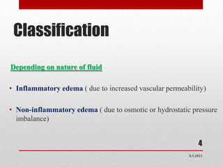 Classification
Depending on nature of fluid

• Inflammatory edema ( due to increased vascular permeability)

• Non-inflammatory edema ( due to osmotic or hydrostatic pressure
  imbalance)


                                                             4
                                                        8.3.2013
 