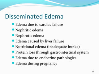 Disseminated Edema
Edema due to cardiac failure
Nephritic edema
Nephrotic edema
Edema caused by liver failure
Nutritional edema (inadequate intake)
Protein loss through gastrointestinal system
Edema due to endocrine pathologies
Edema during pregnancy
19
 
