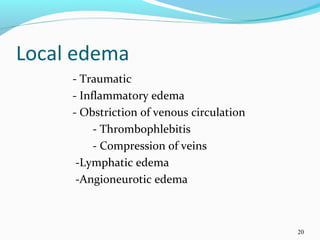 Local edema
- Traumatic
- Inflammatory edema
- Obstriction of venous circulation
- Thrombophlebitis
- Compression of veins
-Lymphatic edema
-Angioneurotic edema
20
 