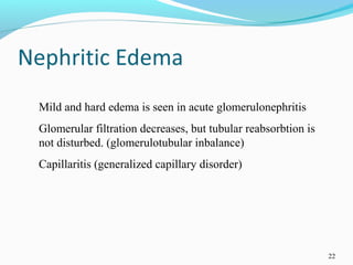 22
Mild and hard edema is seen in acute glomerulonephritis
Glomerular filtration decreases, but tubular reabsorbtion is
not disturbed. (glomerulotubular inbalance)
Capillaritis (generalized capillary disorder)
 