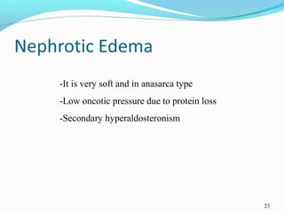 23
-It is very soft and in anasarca type
-Low oncotic pressure due to protein loss
-Secondary hyperaldosteronism
 