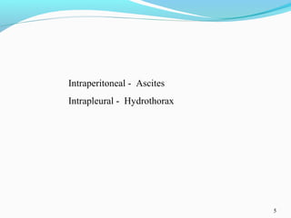 5
Intraperitoneal - Ascites
Intrapleural - Hydrothorax
 
