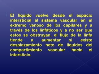  El liquido vuelve desde el espacio
intersticial al sistema vascular en el
extremo venoso de los capilares y a
través de los linfáticos y a no ser que
estos se obstruyan, el flujo de la linfa
tiende a aumentar si existe
desplazamiento neto de líquidos del
compartimiento vascular hacia el
intersticio.
 