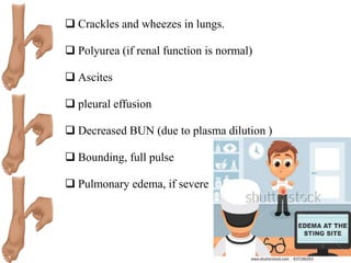  Crackles and wheezes in lungs.
 Polyurea (if renal function is normal)
 Ascites
 pleural effusion
 Decreased BUN (due to plasma dilution )
 Bounding, full pulse
 Pulmonary edema, if severe
 
