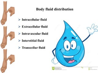 Body fluid distribution
 Intracellular fluid
 Extracellular fluid
 Intravascular fluid
 Interstitial fluid
 Transcellur fluid
 