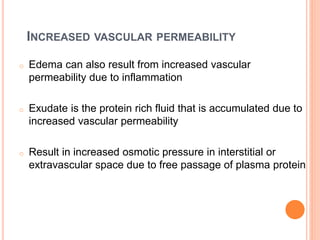 INCREASED VASCULAR PERMEABILITY
o Edema can also result from increased vascular
permeability due to inflammation
o Exudate is the protein rich fluid that is accumulated due to
increased vascular permeability
o Result in increased osmotic pressure in interstitial or
extravascular space due to free passage of plasma protein
 