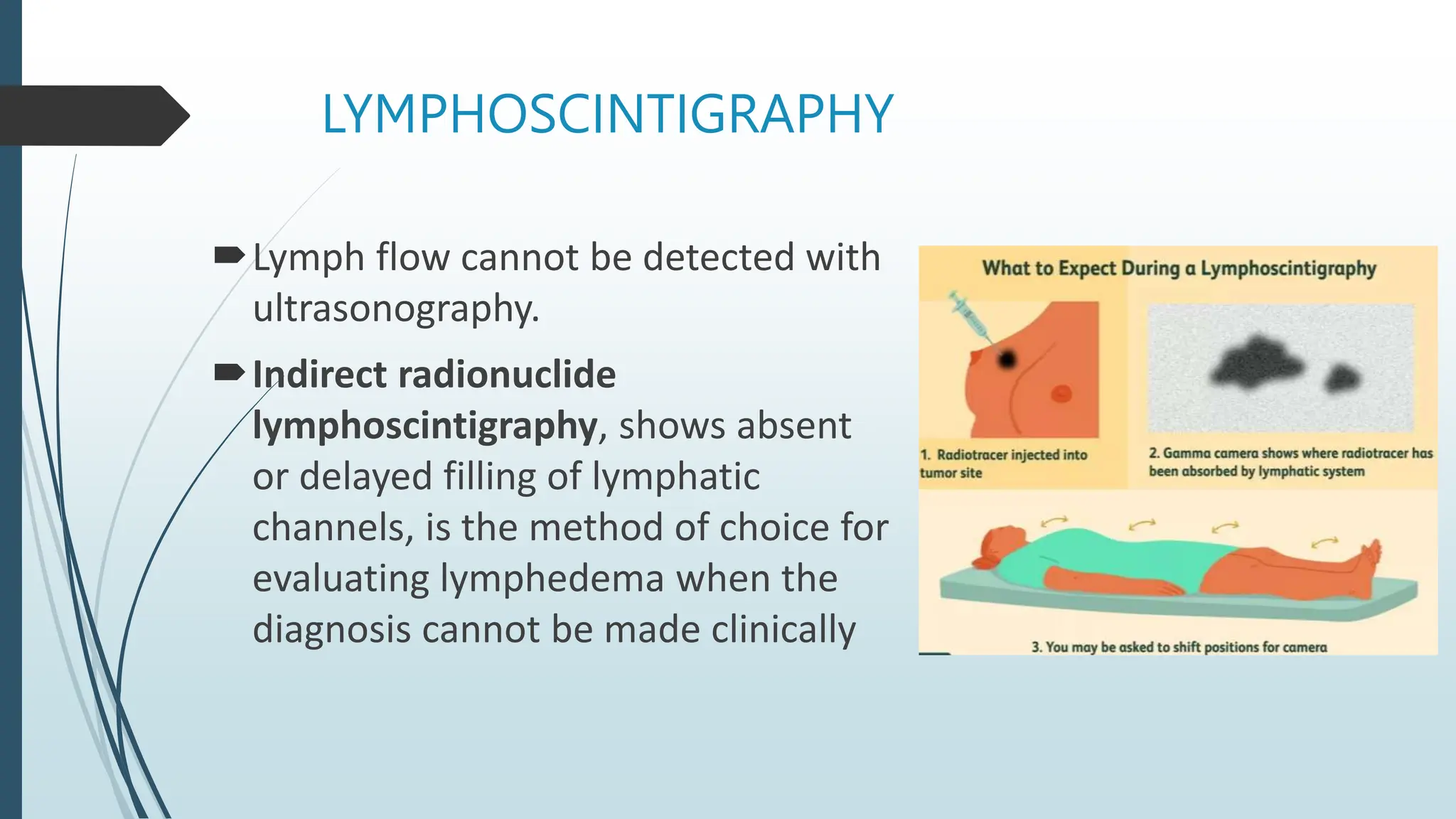 LYMPHOSCINTIGRAPHY
Lymph flow cannot be detected with
ultrasonography.
Indirect radionuclide
lymphoscintigraphy, shows absent
or delayed filling of lymphatic
channels, is the method of choice for
evaluating lymphedema when the
diagnosis cannot be made clinically
 