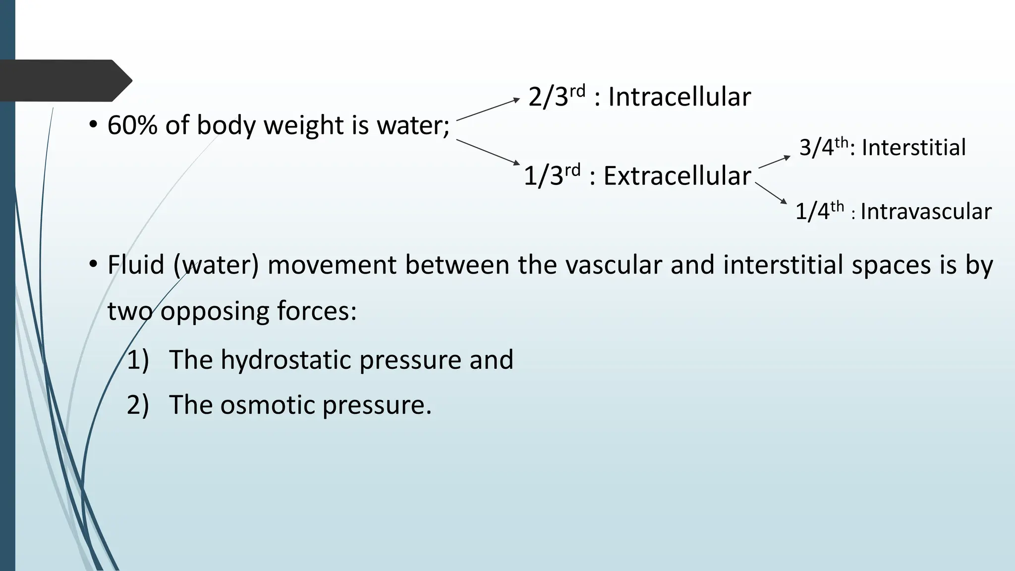 • 60% of body weight is water;
• Fluid (water) movement between the vascular and interstitial spaces is by
two opposing forces:
1) The hydrostatic pressure and
2) The osmotic pressure.
2/3rd : Intracellular
1/3rd : Extracellular
3/4th: Interstitial
1/4th : Intravascular
 