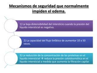 Mecanismos de seguridad que normalmente
impiden el edema.
1) La baja distensibilidad del intersticio cuando la presión del
líquido intersticial es negativa.
2) La capacidad del flujo linfático de aumentar 10 a 50
veces.
3) La reducción de la concentración de las proteínas en el
líquido intersticial  reduce la presión coloidosmótica en el
líquido intersticial a medida que aumenta la filtración capilar.
 