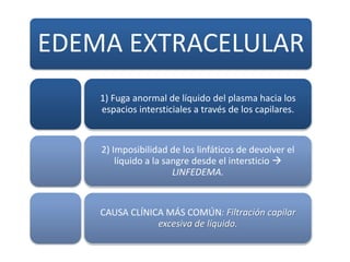EDEMA EXTRACELULAR
1) Fuga anormal de líquido del plasma hacia los
espacios intersticiales a través de los capilares.
2) Imposibilidad de los linfáticos de devolver el
líquido a la sangre desde el intersticio 
LINFEDEMA.
CAUSA CLÍNICA MÁS COMÚN: Filtración capilar
excesiva de líquido.
 