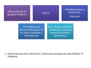 Infecciones de los
ganglios linfáticos
Filarias
Linfedema grave y
elefantiasis.
Hidrocele
120 millones de
personas-80 países de
las zonas tropicales y
subtropicales
Asia, África, el Pacífico
Occidental y diversas
partes del Caribe y
Sudamérica.
 Ciertos tipos de cáncer, eliminación u obstrucción quirúrgica de vasos linfáticos 
Linfedema.
 