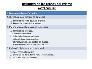 Resumen de las causas del edema
extracelular.
I. Aumento de la presión capilar.
A. Retención renal excesiva de sal y agua
1. Insuficiencia renal aguda o crónica.
2. Exceso de mineralocorticoides.
B. Presión venosa alta y constricción venosa
1. Insuficiencia cardíaca.
2. Obstrucción venosa.
3. Fallo de las bombas venosas.
a) Parálisis de los músculos.
b) Inmovilización de partes del cuerpo.
c) Insuficiencia de las válvulas venosas.
C. Reducción de la resistencia arterioral
1. Calor corporal excesivo.
2. Insuficiencia del sistema nervioso simpático.
3. Fármacos vasodilatadores.
 