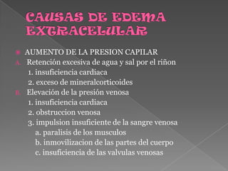 CAUSAS DE EDEMA EXTRACELULARAUMENTO DE LA PRESION CAPILARRetención excesiva de agua y sal por el riñon       1. insuficiencia cardiaca      2. exceso de mineralcorticoidesElevación de la presión venosa      1. insuficiencia cardiaca       2. obstruccion venosa      3. impulsion insuficiente de la sangre venosa           a. paralisis de los musculos          b. inmovilizacion de las partes del cuerpo           c. insuficiencia de las valvulas venosas  