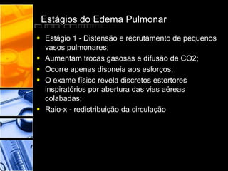 Estágios do Edema Pulmonar
 Estágio 1 - Distensão e recrutamento de pequenos
vasos pulmonares;
 Aumentam trocas gasosas e difusão de CO2;
 Ocorre apenas dispneia aos esforços;
 O exame físico revela discretos estertores
inspiratórios por abertura das vias aéreas
colabadas;
 Raio-x - redistribuição da circulação
 