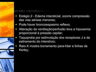  Estágio 2 - Edema intersticial, ocorre compressão
das vias aéreas menores;
 Pode haver broncoespasmo reflexo;
 Alteração da ventilação/perfusão leva a hipoxemia
proporcional à pressão capilar;
 Taquipnéia por estimulação dos receptores J e de
estiramento do interstício;
 Raio-X mostra borramento para-hilar e linhas de
Kerley;
 