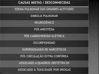 CAUSAS MISTAS / DESCONHECIDAS
EDEMA PULMONAR DAS GRANDES ALTITUDES

         EMBOLIA PULMONAR

            NEUROGÊNICO

           PÓS ANESTESIA

     PÓS CARDIOVERSÃO ELÉTRICA

           ESCORPIONISMO

    SUPERDOSAGEM DE NARCÓTICOS

   PÓS CIRCULAÇÃO EXTRA CORPÓREA

  ASSOCIADO A QUADROS OBSTÉTRICOS

 ASSOCIADO À TOXICIDADE POR DROGAS
 