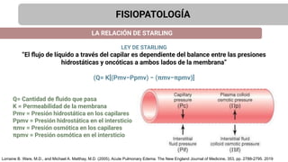 FISIOPATOLOGÍA
LA RELACIÓN DE STARLING
LEY DE STARLING
“El ﬂujo de líquido a través del capilar es dependiente del balance entre las presiones
hidrostáticas y oncóticas a ambos lados de la membrana”
(Q= K[(Pmv−Ppmv) − (πmv−πpmv)]
Q= Cantidad de ﬂuido que pasa
K = Permeabilidad de la membrana
Pmv = Presión hidrostática en los capilares
Ppmv = Presión hidrostática en el intersticio
πmv = Presión osmótica en los capilares
πpmv = Presión osmótica en el intersticio
Lorraine B. Ware, M.D., and Michael A. Matthay, M.D. (2005). Acute Pulmonary Edema. The New England Journal of Medicine, 353, pp. 2788-2795. 2019
 