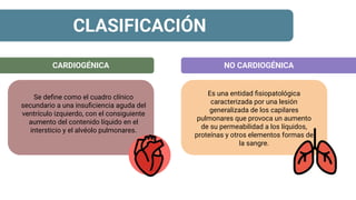 CLASIFICACIÓN
CARDIOGÉNICA NO CARDIOGÉNICA
Se deﬁne como el cuadro clínico
secundario a una insuﬁciencia aguda del
ventrículo izquierdo, con el consiguiente
aumento del contenido líquido en el
intersticio y el alvéolo pulmonares.
Es una entidad ﬁsiopatológica
caracterizada por una lesión
generalizada de los capilares
pulmonares que provoca un aumento
de su permeabilidad a los líquidos,
proteínas y otros elementos formas de
la sangre.
 