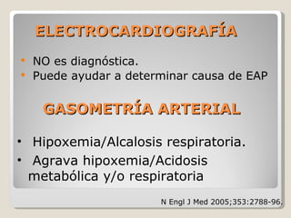 ELECTROCARDIOGRAFÍAELECTROCARDIOGRAFÍA
 NO es diagnóstica.
 Puede ayudar a determinar causa de EAP
• Hipoxemia/Alcalosis respiratoria.
• Agrava hipoxemia/Acidosis
metabólica y/o respiratoria
GASOMETRÍA ARTERIALGASOMETRÍA ARTERIAL
N Engl J Med 2005;353:2788-96.
 