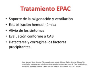 • Soporte de la oxigenación y ventilación 
• Estabilización hemodinámica 
• Alivio de los síntomas 
• Evaluación conforme a CAB 
• Detectarse y corregirse los factores 
precipitantes. 
Juan Manuel Steta Orozco. Edema pulmonar agudo. Alfonso Gulias Herrero. Manual de 
terapéutica medica y procedimientos de urgencias Instituto Nacional de Ciencias Medicas y 
Nutrición “Salvador Zubirán”. Sexta edición. México: McGrawHill. 2011. P.154-166. 
 