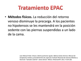 • Métodos físicos. La reducción del retorno 
venoso disminuye la precarga. A los pacientes 
no hipotensos se les mantendrá en la posición 
sedente con las piernas suspendidas a un lado 
de la cama. 
Juan Manuel Steta Orozco. Edema pulmonar agudo. Alfonso Gulias Herrero. Manual de 
terapéutica medica y procedimientos de urgencias Instituto Nacional de Ciencias Medicas y 
Nutrición “Salvador Zubirán”. Sexta edición. México: McGrawHill. 2011. P.154-166. 
 