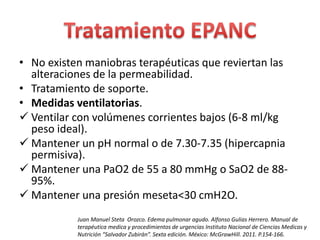 • No existen maniobras terapéuticas que reviertan las 
alteraciones de la permeabilidad. 
• Tratamiento de soporte. 
• Medidas ventilatorias. 
 Ventilar con volúmenes corrientes bajos (6-8 ml/kg 
peso ideal). 
 Mantener un pH normal o de 7.30-7.35 (hipercapnia 
permisiva). 
 Mantener una PaO2 de 55 a 80 mmHg o SaO2 de 88- 
95%. 
 Mantener una presión meseta<30 cmH2O. 
Juan Manuel Steta Orozco. Edema pulmonar agudo. Alfonso Gulias Herrero. Manual de 
terapéutica medica y procedimientos de urgencias Instituto Nacional de Ciencias Medicas y 
Nutrición “Salvador Zubirán”. Sexta edición. México: McGrawHill. 2011. P.154-166. 
 