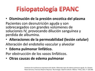 • Disminución de la presión oncotica del plasma 
Pacientes con desnutrición aguda y son 
sobrecargados con grandes volúmenes de 
soluciones IV, provocando dilución sanguínea y 
perdida de albumina. 
• Alteraciones de la permeabilidad (lesión celular) 
Alteración del endotelio vascular y alveolar 
• Edema pulmonar linfático. 
Por obstrucción de los vasos linfáticos. 
• Otras causas de edema pulmonar 
Síndrome de insuficiencia respiratoria del adulto. Diferentes tipos de edema pulmonar agudo. En: Octavio 
Rivera Serrano, Francisco Navarro Reynoso. Neumología. Séptima edición. México: Trillas; 2011. P. 326-340. 
 