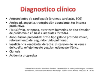 • Antecedentes de cardiopatía (enzimas cardiacas, ECG) 
• Ansiedad, angustia, transpiración abundante, tos intensa 
productiva. 
• FR >30/min, ortopnea, estertores húmedos de tipo alveolar 
de predominio en bases, actitudes forzadas. 
• Auscultación precordial: ritmo tipo galope protodiastolico, 
reforzamiento del segundo ruido pulmonar. 
• Insuficiencia ventricular derecha: distensión de las venas 
del cuello, reflejo hepato yugular, edema periférico. 
• Cianosis 
• Acidemia progresiva 
Síndrome de insuficiencia respiratoria del adulto. Diferentes tipos de edema pulmonar agudo. En: Octavio 
Rivera Serrano, Francisco Navarro Reynoso. Neumología. Séptima edición. México: Trillas; 2011. P. 326-340. 
 