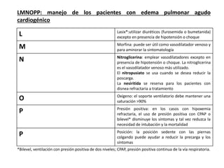 L Lasix®:utilizar diuréticos (furosemida o bumetanida)
excepto en presencia de hipotensión o choque
M Morfina: puede ser útil como vasodilatador venoso y
para aminorar la sintomatología
N Nitroglicerina: emplear vasodilatadores excepto en
presencia de hipotensión o choque. La nitroglicerina
es el vasodilatador venoso más utilizado.
El nitropusiato se usa cuando se desea reducir la
poscarga.
La nesiritida se reserva para los pacientes con
disnea refractaria a tratamiento
O Oxígeno: el soporte ventilatorio debe mantener una
saturación >90%
P Presión positiva: en los casos con hipoxemia
refractaria, el uso de presión positiva con CPAP o
bilevel* disminuye los síntomas y tal vez reduzca la
necesidad de intubación y la mortalidad
P Posición: la posición sedente con las piernas
colgando puede ayudar a reducir la precarga y los
síntomas
LMNOPP: manejo de los pacientes con edema pulmonar agudo
cardiogénico
*Bilevel, ventilación con presión positiva de dos niveles; CPAP, presión positiva continua de la vía respiratoria.
 