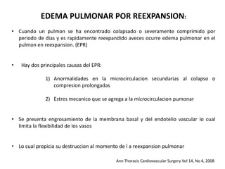 EDEMA PULMONAR POR REEXPANSION:
• Cuando un pulmon se ha encontrado colapsado o severamente comprimido por
periodo de dias y es rapidamente reexpandido aveces ocurre edema pulmonar en el
pulmon en reexpansion. (EPR)
• Hay dos principales causas del EPR:
1) Anormalidades en la microcirculacion secundarias al colapso o
compresion prolongadas
2) Estres mecanico que se agrega a la microcirculacion pumonar
• Se presenta engrosamiento de la membrana basal y del endotelio vascular lo cual
limita la flexibilidad de los vasos
• Lo cual propicia su destruccion al momento de l a reexpansion pulmonar
Ann Thoracic Cardiovascular Surgery Vol 14, No 4, 2008
 